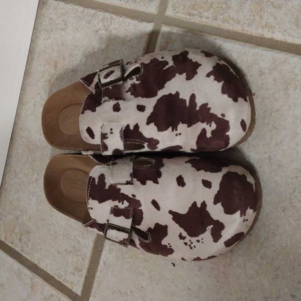 Cow print clogs